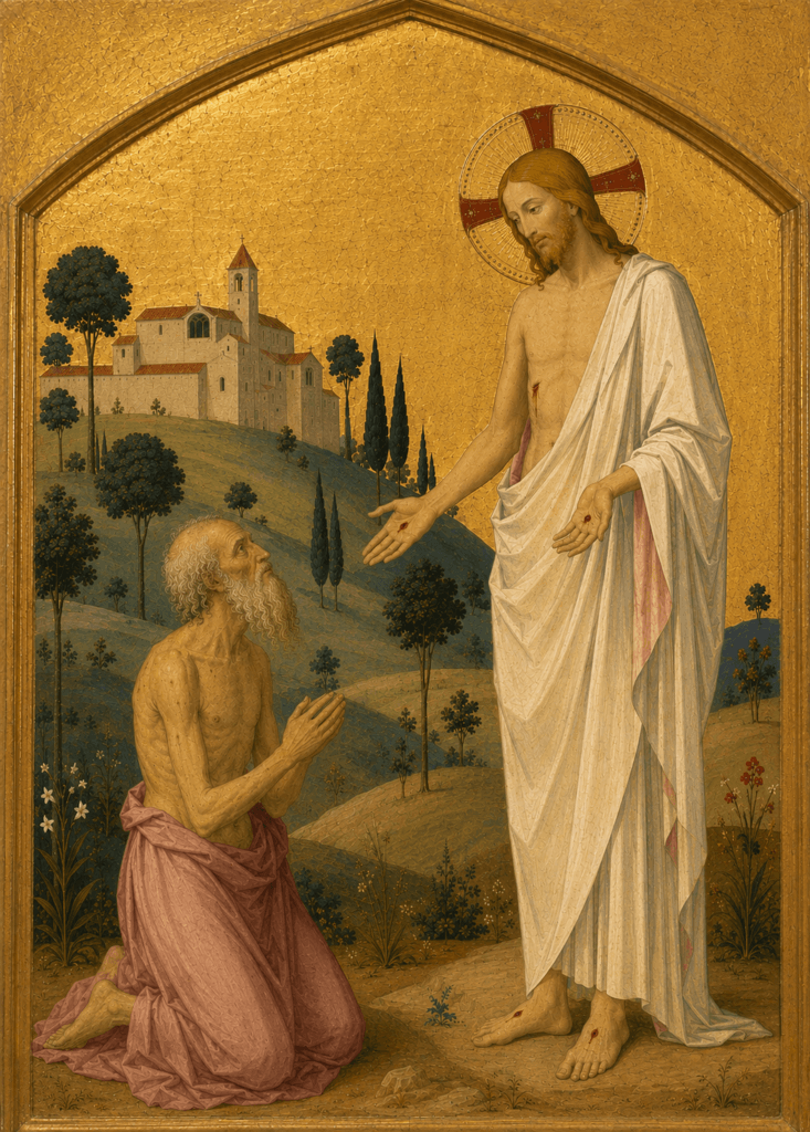 Jésus ressuscité montre les plaies de ses mains et de son côté pour le réconforter